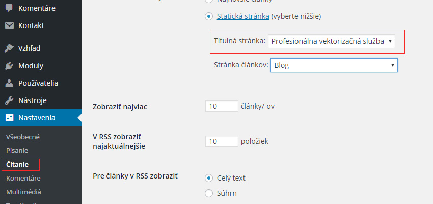 Wordpress Nastavenie statickej titulnej strany namiesto blogových príspevkov