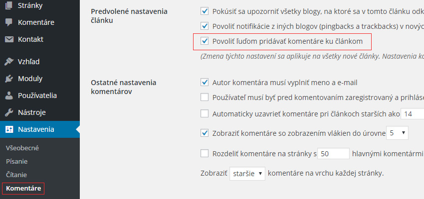 wordpress povoliť pridávať komentáre na celom webe