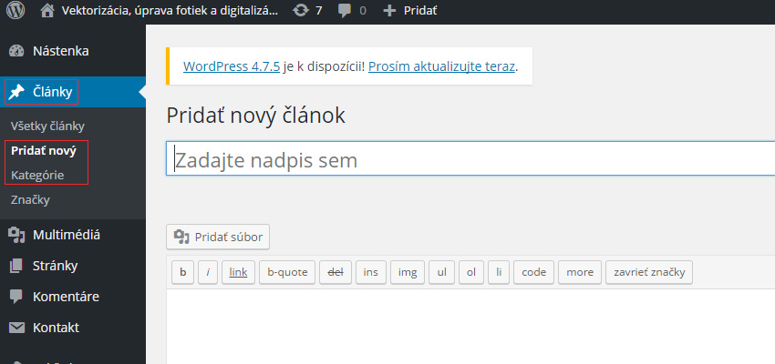 wordpress pridať nový článok a kategóriu