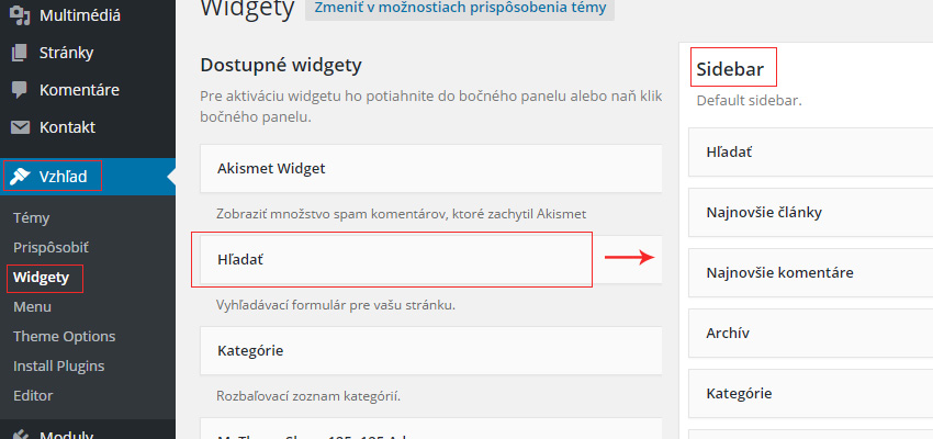 wordpress úprava zmena bočného panelu
